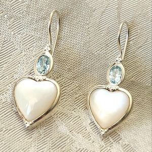 NWOT!! 925 Sterling Silver Mother-of-Pearl Blue Topaz Heart Earrings- NEVER WORN